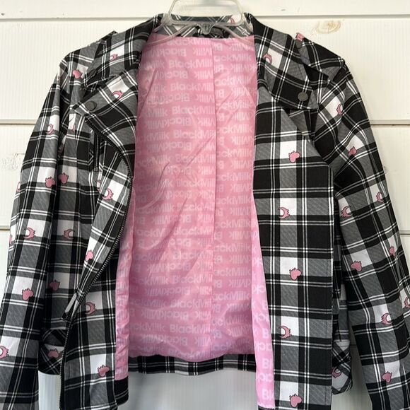 BlackMilk Tartan Heart Moto Jack Women's Size 12 Black Pink Plaid Biker NEW - Picture 14 of 16
